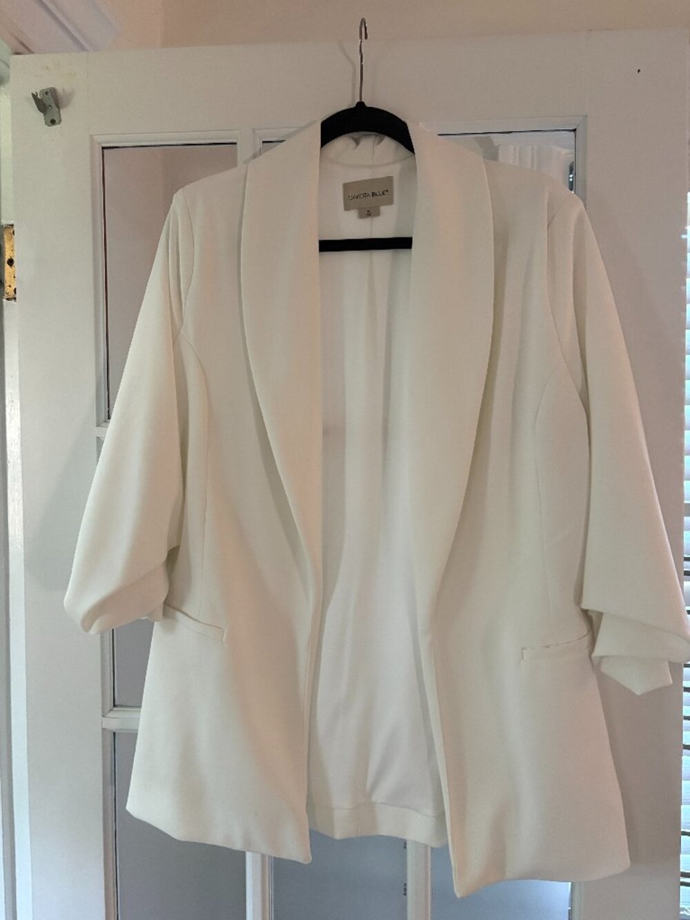 White blazer, full length, mid-arm sleeves